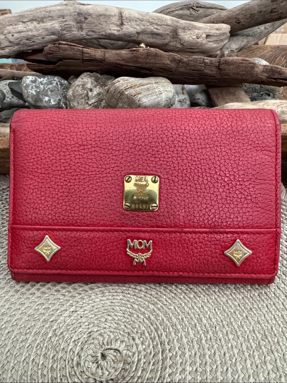 MCM Red Pebbled Leather Fold Wallet with Gold Accents